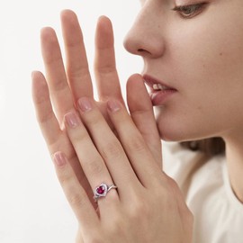 BELLNA Promise Ring for Her 925 Sterling Silver Created Ruby Blue Sapphire Emerald Diamond Heart Promise Wedding Engagement Ring for Wife Girlfriend Her Anniversary (8, Ruby)