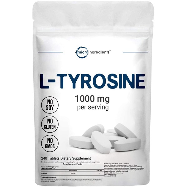 Micro Ingredients L Tyrosine Pills, 1000mg Per Serving, 240 Caplets, Premium Tyrosine Pre Workout Supplement, Non-GMO