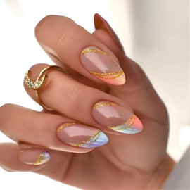 Almond Press On Nails Medium Long Colorful Phnom Penh French Tip Fake Nails, Acrylic Full Cover False Nails Set with Nail Gle Glue, Natural Perfectly Reusable Stick On Nails Suitable for Women Girls