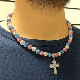Baseball Necklace for Men Boys 18 Inch Ice Collection Cross Pendant Necklace for Women Rhinestone Clay Beaded Discoball Baseball Accessories gift for Baseball Team Players Lovers-White/Blue/Pink