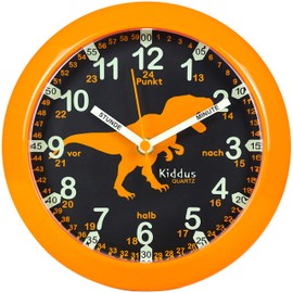 Kiddus Wall Clock for Children, Boys and Girls, Analogue Time Teacher with Time Learning Exercises, Easy to Read, Easy to Learn to Tell the Time, German, Dinosaur