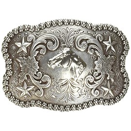 Nocona Men's Silver Horse Head Square Scalop Buckle, One Size