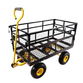 TREATLIFE HOME Garden Cart Wagon with Inflatable Tires for Easy Transport of Firewood and Tools, Sturdy Metal Construction, Yellow and Black
