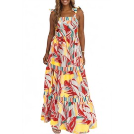 AlvaQ Maxi Dress for Women Beach Casual Loose Boho Floral Print High Waist Long Dress Square Neck A-Line Sun Dress Multicolor Small