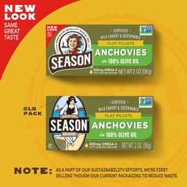 Season Anchovies in Olive Oil - Flat Anchovy Fillets, Wild Caught Fish, Keto Snacks, Canned Anchovies, Rich in B Vitamins, Low in Mercury, Kosher, Non-GMO, 600mg of Omega-3-2 Ounce, 12-Pack
