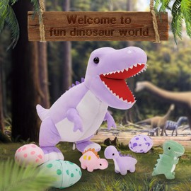 MorisMos Dinosaur Stuffed Animal with Babies,23.6'' Big Mommy Stuffed Dino T-rex with 3 Baby Dino Toys & Eggs Plush Inside Belly,Boy Girl Dinosaur Toys for Kids Birthday Gift,Purpel T-rex Party Decor