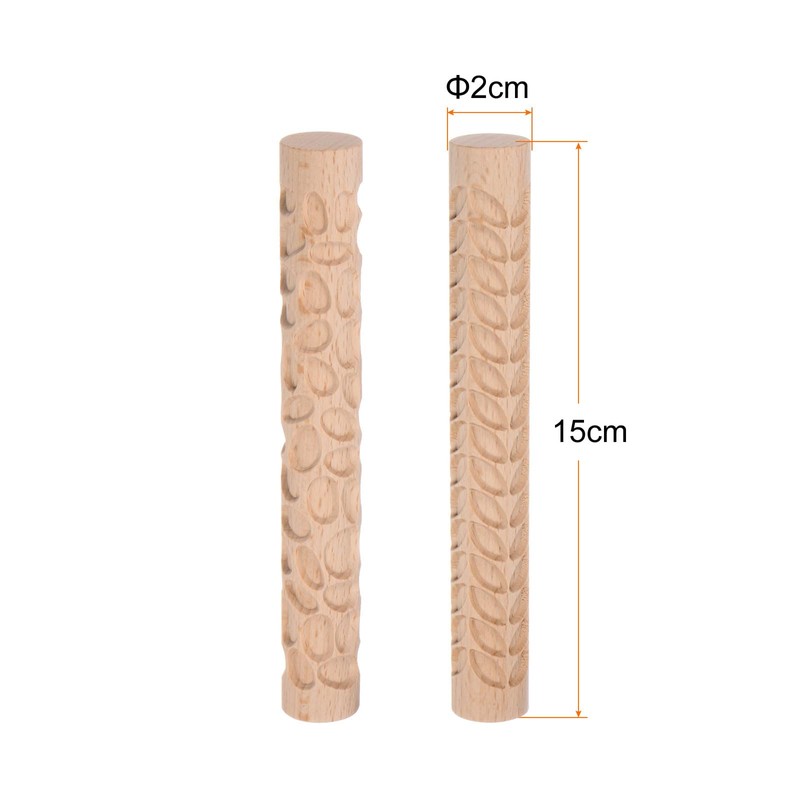 sourcing map 2pcs Wood Clay Roller Pebbles + Leaves Pattern