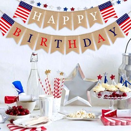 SWYOUN Burlap Happy Birthday Banner USA American Independence Day Party Supplies 4th of July Mantel Fireplace Decoration