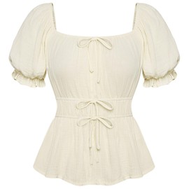 Women Bow Tie Front Tops Pirate Puff Sleeve Ruffled Peplum Shirts Apricot XXL