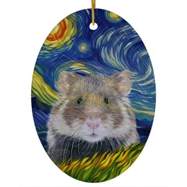 Whimsical Night Sky European Hamster Christmas Ornament White Oval Ceramic - Impressionist Pet Portrait Memorial Keepsake Gifts for Hamster Lovers