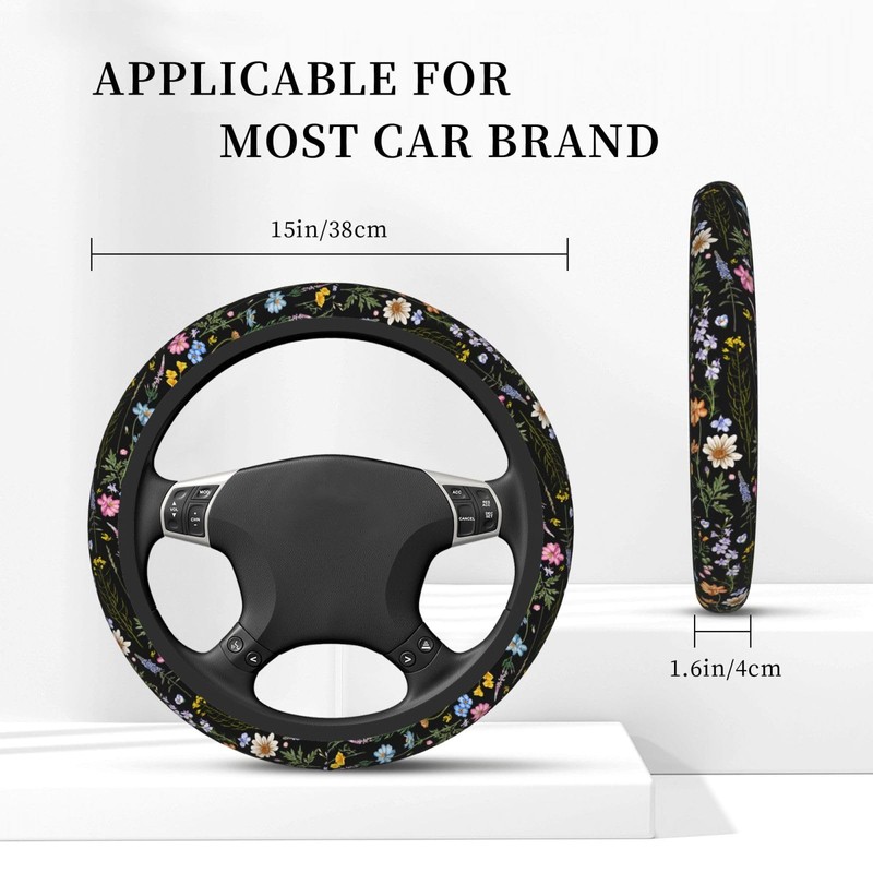 Cute Wildflower Steering Wheel Cover for Women, Universal Auto Steering