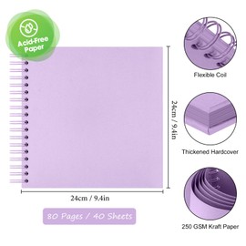 AIOR Scrapbook Album 80 Pages, DIY Photo Album Hardcover Kraft Paper Scrap Book Memory Book for Family, Guest Book for Wedding Anniversary Valentines Day (Purple)