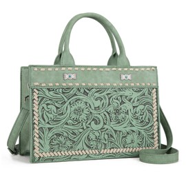 Montana West Western Tooled Women Handbags Vintage Carving Floral Tote Bag for Women Whipstitch Craftsmanship Crossbody with Guitar Strap MW1323-8011GN