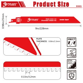 PAYA TOOLS Carbide Reciprocating Saw Blade for Thick Metal, Cast Iron, Alloy Steel 9-Inch 8TPI (1-Pack)