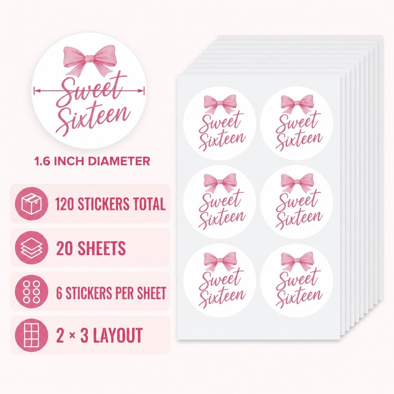 Sweet Sixteen Favor Bag Stickers: 120 Paper Stickers 1.6 Inch