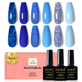YSUVIN Semi-Permanent Nail Polish Kit, 6 Colors Blue Series - Sky Blue Dark Blue Lake Blue Glitter, Soak Off UV/LED Lamp DIY Manicure Nail Art Set, 8ml