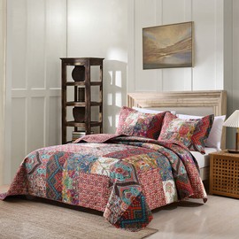 Autumn Dream Cotton Patchwork Bedspread Quilt Sets, Reversible Bedding Coverlet Sets, Red Gorgeous Vintage Pattern, King Size