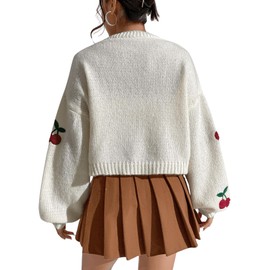 GORGLITTER Women's Graphic Cherry Cardigan Open Front Cable Knit Lantern Sleeve Cropped Cardigan Sweater Beige Small