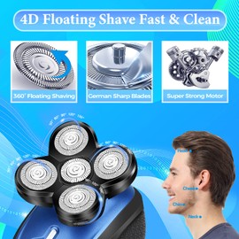 Head Shaver for Bald Men,5 in 1 Bald Head Shavers for Men Cordless,Waterproof Wet/Dry 5 Head Mens Electric Razor for Man Face Shaving, USB Grooming Kit Rechargeable Rotary Shaver Gift for Men (Blue)