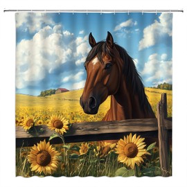 ZKJSMGS Horse Shower Curtain,Rustic Animal Sunflower Field Farmhouse Brown Yellow Bathroom Home Curtain Decor with Hooks,70x70 Inch