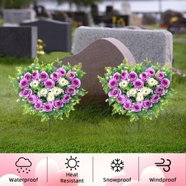 Lodou 2 Sets Artificial Cemetery Flowers, Grave Memorial Flowers with Ground Spike,Heart Shaped Wreaths Rose Flowers for Artificial Rose Decoration for Cemetery Headstones Gravesites (Purple)