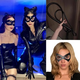 Delicate Dew Women Cat Costume Mask Half Face Gloves and Leather Whip Set Masquerade Party Accessory (CW01)