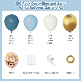 ZAKICHI 130pcs Dusty Blue Balloons Garland Arch Kit, Retro Peacock Blue White Sand Metallic Gold Baby Blue Balloons for Boy Men Baby Bridal Shower Birthday Wedding Party Decorations