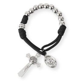 Nazareth Store Strong Military One Decade Paracord Rosary Silver Beads Pocket Car Rosary Pray For Us St. Joseph Medal & St. Benedict Cross (Black Paracord Rosary)