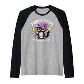 Hocus Pocus I Need Coffee to Focus Funny Kitten Raglan Baseball Tee