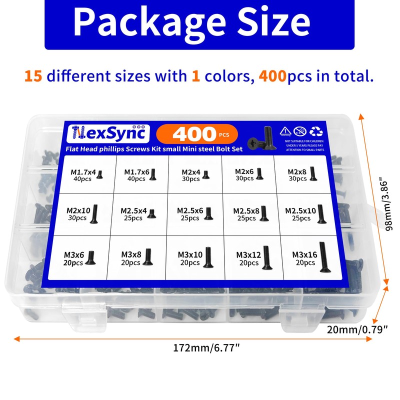 NexSync 400-Piece Mini Flathead Phillips Microscrews Kit - M1.7/M2/M2.5/M3 Steel
