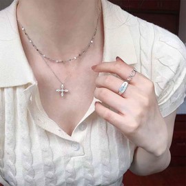 Inilbran Boho Layered Crystal Cross Necklace Vintage CZ Pray Cross Choker Necklace Silver Star Cross Pendant Necklace Religious Rock Crucifix Chain Necklace Jewelry for Women and Girls
