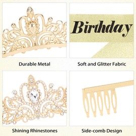 CURASA Gold Birthday Crown and Sash for Women Girls Princess Birthday Tiaras Sashes for Parties and Celebrations