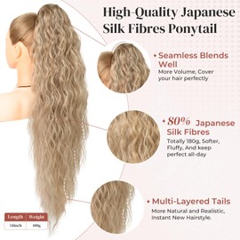 LONAI Ponytail Extension, 34" Blonde Long Wavy Drawstring Ponytail Extensions, DP001 Softer Lighter 80% Japanese Import Synthetic Clip in Hair Extensions Natural Looking Hairpiece for Women-Ash Blonde