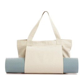 KIGI Canvas Tote Bag with YOGA Mat Carrier Pocket for Gym, Pilates, Workout, Beach and Office (Beige)