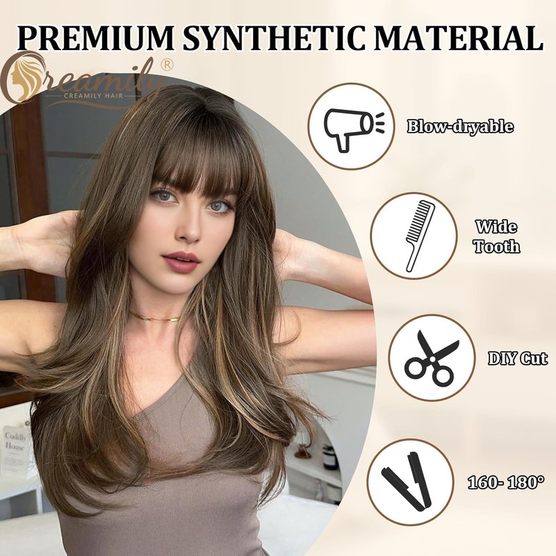 Creamily Long Brown Straight Wig with Bangs Ombre Brown Wig