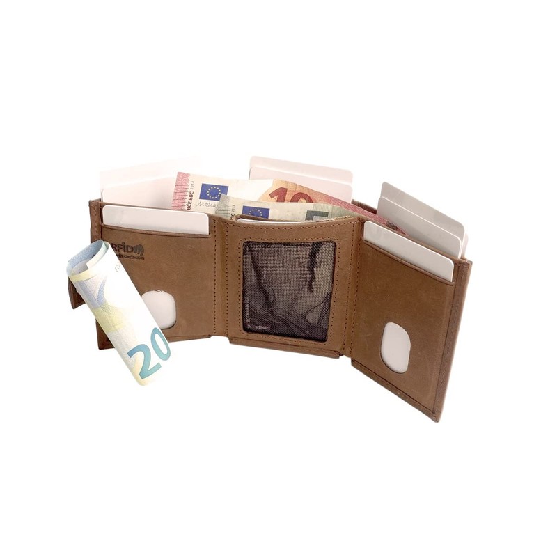 Slim Wallet Deluxe, Brown buffalo leather with zip pocket, rfid
