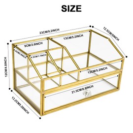 Enenes 9.6 x 5.5 x 5 INCH Makeup Brush Holder, Glass Cosmetic Organizer for Desk Gold Fancy Makeup Organizer Clear Jewelry Storage Case (Double-deck)