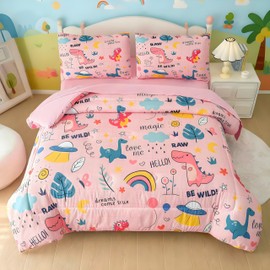 MWMWMW Kids Dinosaur Comforter Set Full, 5 Pcs Girls Bed in a Bag, Pink Dinosaur Bedding Full Size, Kids Comforter Sets for Girls with 1 Comforter, 1 Flat Sheet, 1 Fitted Sheet and 2 Pillowcases