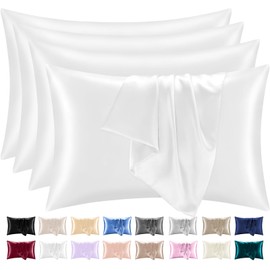 Lazzaro Satin Silk Pillowcases for Hair and Skin - Hypoallergenic Pillow Cases 4 Pack with Envelope Closure - Ultrasoft Standard Size White Silk Pillowcases (50 x 75 cm)