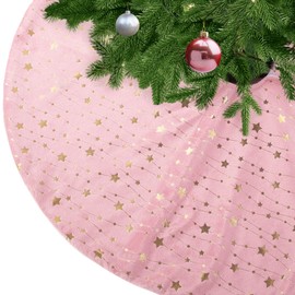 KONVINIT Christmas Tree Skirt Round Pink Plush Christmas Tree Blanket with Stars Christmas Tree Skirt Made of Faux Fur for Christmas Tree Stand Carpet Christmas Decoration 122 cm Pink