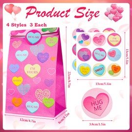 HOWAF Valentines Day Conversation Hearts Gift Bags,12pcs Valentines Conversation Heart Candy Bags with Stickers Valentine Day Candy Bags for Valentine's Day Party Supplies Valentines Day Heart Goodie Treat Bags