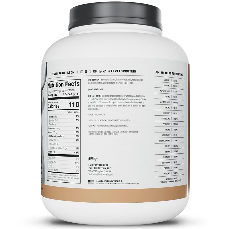 Levels 100% Micellar Casein Protein, Hormone Free, Chocolate, 4LB