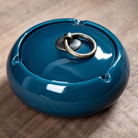 Handmade Ceramic Ashtray with Lids, Exquisite Pattern Ash Holder for Patio Desktop Office Smokers, Ash Tray for Indoor Tabletop Home Office Decor (Dark Blue, M-Size)