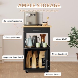 Shintenchi Kitchen Island Cart with Storage,Rolling Kitchen Island Side Table on Wheels with Worktop,Single Door Storage Cabinet and Drawer for Kitchen,Dinning Room, Black