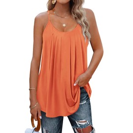 SENBATU Tank Top Women's Spaghetti Straps Sleeveless Summer Tops Women's Pleated Crew Neck Blouse Plain Coral Pink X-Large XL 46-48