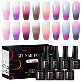 MEET ACROSS Color Changing Gel Nail Polish Set, 8 Colors Red Pink Glitter Purple Mood Temperature Change Nail Polish Gel Set Soak Off Nail Art DIY Salon Manicure Holiday Gift