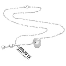 Art Attack Strong Is Beautiful Workout Gym Necklace, Barbell Dumbbell Kettlebell Exercise Pendant Charms
