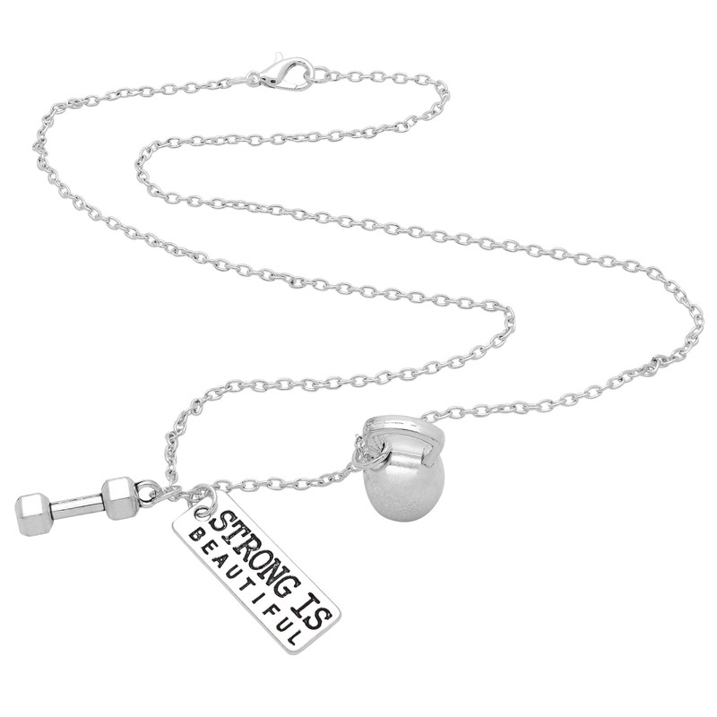 Art Attack Strong Is Beautiful Workout Gym Necklace, Barbell Dumbbell