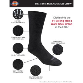 Dickies Men's Dri-Tech Moisture Control Max Full Cushion Crew Socks, Available in M-XL (6, 12, Solid Black (6 Pairs), X-Large
