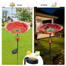 MUMTOP Solar Bird Bath for Outdoor, Glass Bowl Metal Stake Garden Decor Red